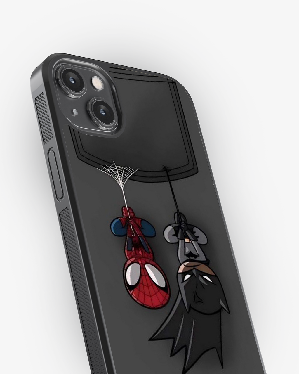 Pocket Heroes – Spider-Man & Batman Hanging Design Premium Phone Cover Glass Case